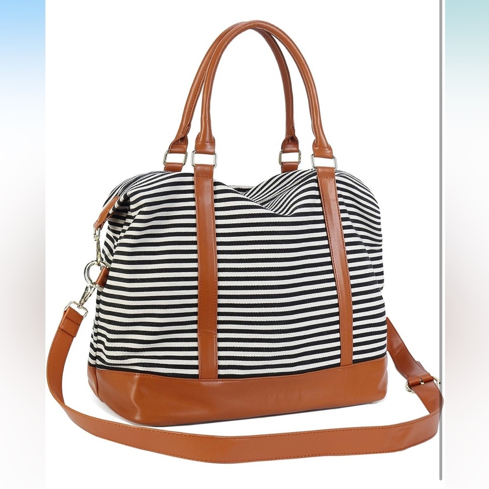 Striped Black and White Tote Bag with Tan Accents
